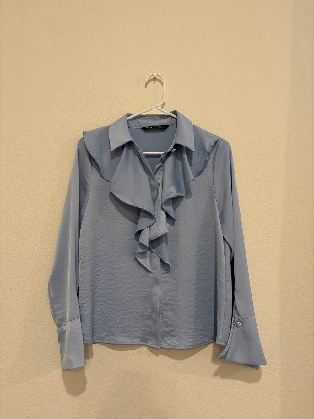 Zara Pale Blue Button-Up Blouse with Pearl Detail